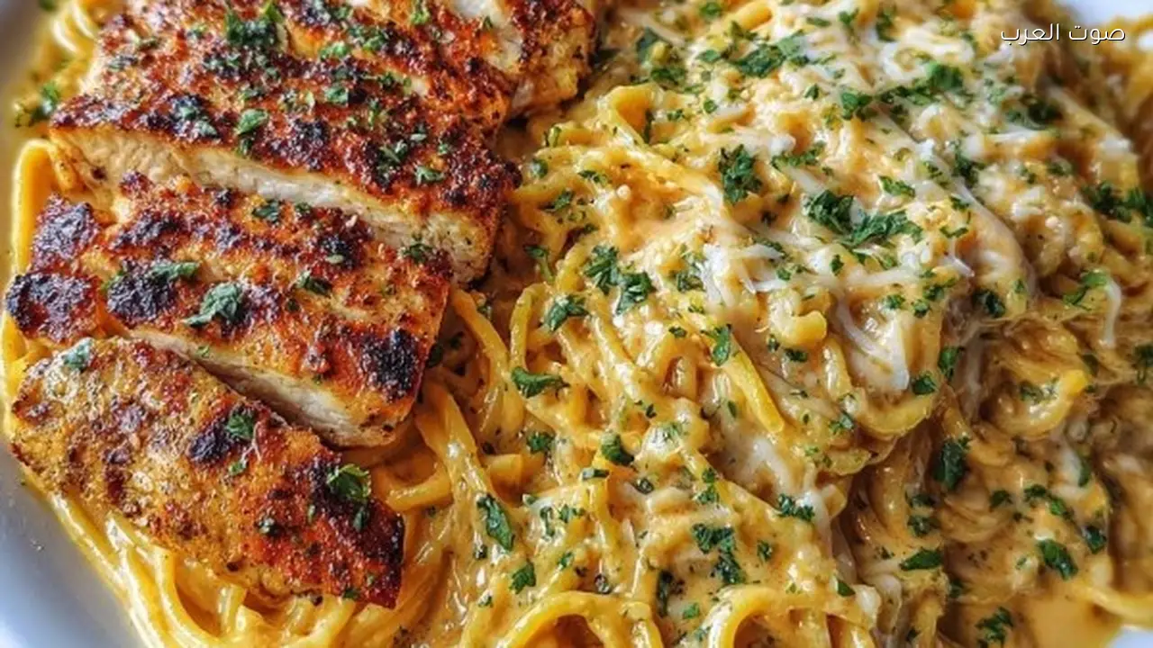 اسباجيتي كريمي مع صدر دجاج مشوي لوجبة شهية