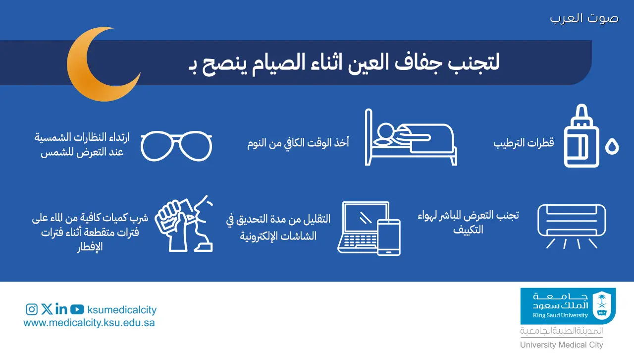 المدينة الطبية الجامعية بجامعة الملك سعود توصي بتجنب جفاف العين خلال الصيام