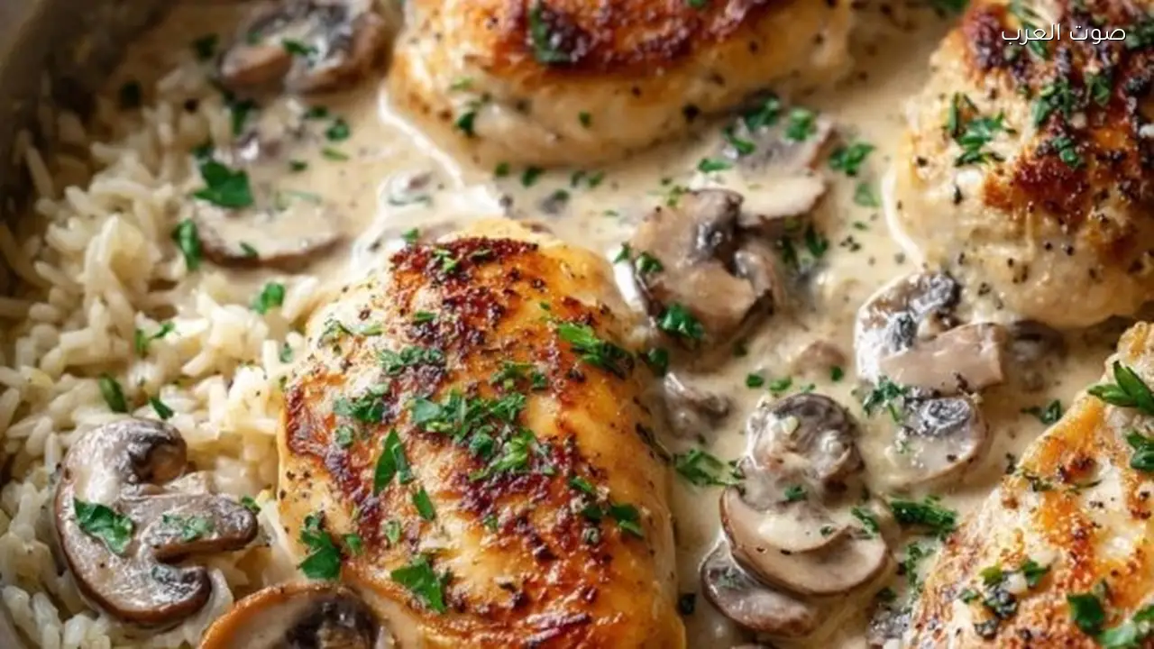طريقة سهلة لعمل صدور دجاج بصوص المشروم مع الأرز الأبيض