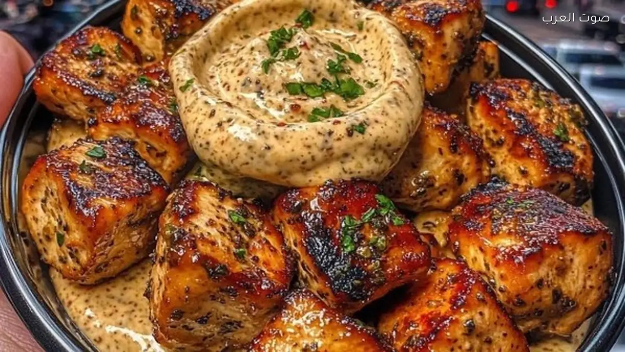 مكعبات دجاج بالزبدة والثوم مع صوص الفلفل الكريمي للعزومات